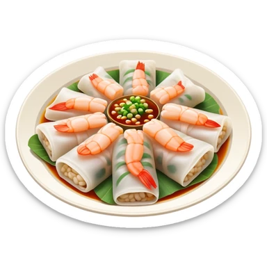Shrimp rice noodle roll Har Cheung Fun with visible shrimp inside, simplified emoji style with bold outlines and bright colors, cartoon style Cantonese dim sum specialty sticker