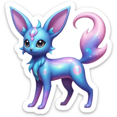 Shiny Iridescent Nebulae Espeon-Umbreon-Sylveon-Fakémon-hybrid-creature (full body)  with a galaxy-dust-flowing-gradient-tail sticker
