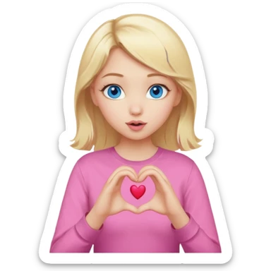 Realistic Blonde girl blue eyes, blowing kiss, pink shirt, making heart sign with hands sticker