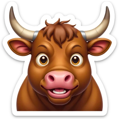 Cinematic Comical Domestic Bull Portrait Emoji, Head tilted dramatically with an exaggeratedly amused expression, featuring a striking, glossy coat with boldly defined horns and wide, expressive eyes brimming with playful disbelief, Simplified yet hilariously expressive features, highly detailed, glowing with a slightly sassy, earthy glow, high shine, dramatic yet playful, stylized with an air of cheeky rural mischief, soft glowing outline, capturing the essence of a spirited and over-the-top domestic bull that looks ready to charge its way into internet fame instantly! sticker