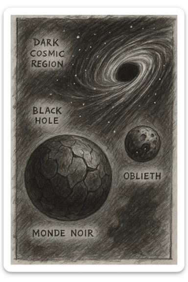 hand drawn map of dark back ward -“A dark cosmic region orbiting a massive black hole. No sunlight. A dead solar system with twisted planets and moons circling in silence. Monde Noir looms in the foreground — a cracked, obsidian planet with no atmosphere. Its moon, Oblieth, floats nearby, scarred and pitted, with faint green lights glowing from within cave openings. Stars are distorted and streaked by gravitational lensing. The entire scene is heavy, quiet, and surreal.” sticker