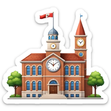 school building with a clock tower and flag on top sticker