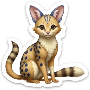 Indigo, soft realistic romantic vintage antique divine beautiful elegant pretty precious cute young youthful  Fakémon-Pokémon-opossum-feline-mouse-serval-caracal-chinchilla-Minccino-Cinccino-Meowstic-rodent-hybrid-creature with a tufted tail (full body) sticker