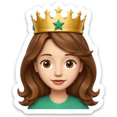Apple style 3D emoji of a young woman inspired by the Starbucks logo. She has long wavy hair on both sides, a crown with a star on her head, and a soft smile. Smooth, shiny, simple emoji look. sticker