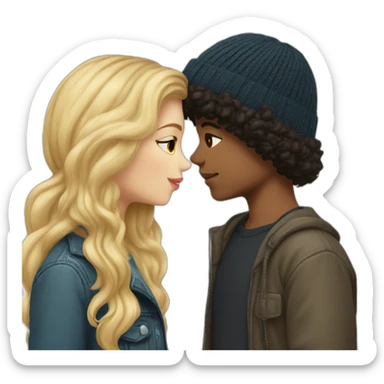 a girl with blond hair in a beanie kissing a boy with dark curly hair sticker