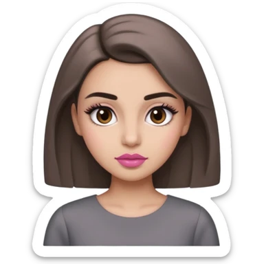 Hidjab girl that is wearing gray dress, and her brow is thick so her eyelash is tall and rumol is pink sticker