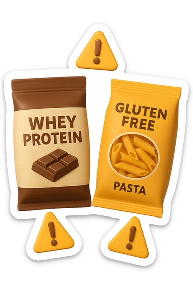 SU QUESTO STILE FAI UN EMOJI STILE IPHONE 3D DI UN pacco di whey protein e un pacco di pasta senza glutine che fluttuano in aria insieme a segnali di pericolo in 3d, FALLO MOLTO REALISTICO IN 3D sticker