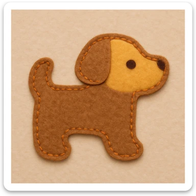 Minimal felt appliqué dog icon, low-detail, smooth rounded edges, moderate contrast orange stitched border, soft matte felt texture, warm brown and yellow palette, small dot eyes, no mouth, flat angle, soft beige background sticker