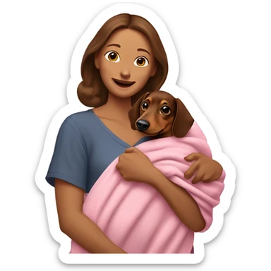 a woman with brown hair is cradling her puppy in a pink baby blanket. the puppy is a brown dachshund dog. the woman is smiling with mouth ajar. you can see the woman cradling the puppy like a baby from her waist up.  sticker