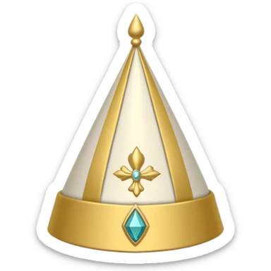 bishop mitre hat with pointed top, white and gold, gold embroidered band and vertical stripe with jewels, two ribbons at the back, simple and clear sticker