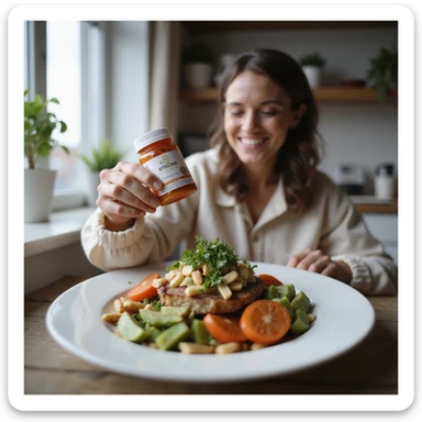 realistic image of a smiling person adding a dietary supplement on top of a well-prepared dish, concept of supplementation as added value, bright atmosphere, creative details, home environment sticker
