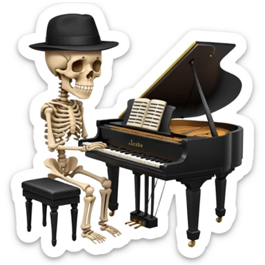 a human skeleton in anatomical proportion wears a black hat and plays the piano sticker