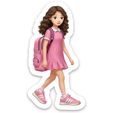aestethic brunette very,very,very long wavy hair walking with a school backpack, with a cute pink dress, adidas samba shoes sticker