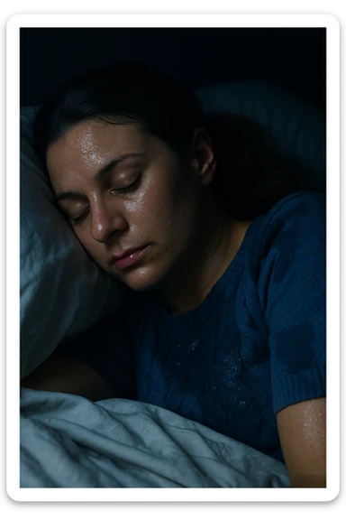 Realistic and cinematic vertical portrait of a woman sleeping at night, heavily sweating due to PCOS (polycystic ovary syndrome). The woman's face and features closely resemble the person in the reference photo. Nighttime atmosphere with realistic details including sweat-soaked sheets. Focus on hyper-realistic textures and lighting to convey the scene authentically. sticker