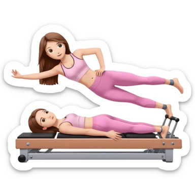 pretty white teen with hazel eyes and long brown hair and a small waist in light pink workout clothes in a plank on a pilates reformer sticker