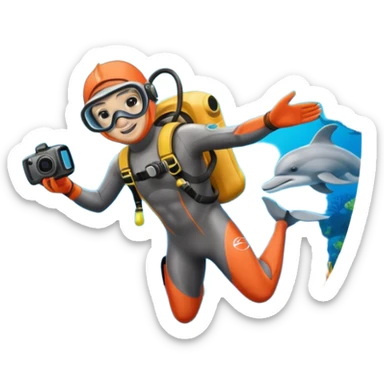 A brave dolphin diver in flippers and mask, exploring coral with a waterproof camera.

 sticker