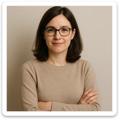 profesora de cabello castaño oscuro hasta los hombros con gafas, fondo simple sticker