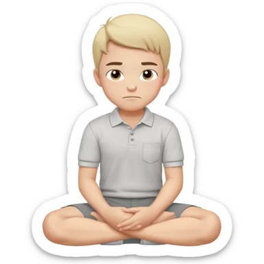 Cartoon boy sitting cross-legged, his fist pressed to his cheek, wearing a white polo and gray pants. He has a smug smirk, eyes looking forward. Clean lines, flat colors, solid black background, vector art, character sheet style. sticker