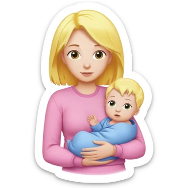 Mother with yellow hair and pink clothes, holding baby in blue clothes sticker
