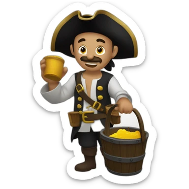 A pirate with an old wooden bucket in his hands. He is sending the water that is in the bucket away. sticker