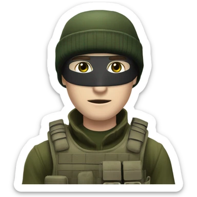 white male, pale skin, call of duty dark mask, green camo tactical gear, combat boots, black beanie, hazel eyes sticker