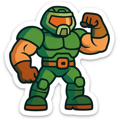 doom guy, stylized cartoon, exaggerated muscles, green suit, confident stance sticker