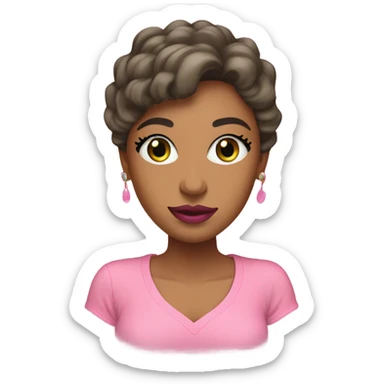 Light brown woman with pink lipstick, eyelashes, slanted eyes, wearing pink t-shirt with green trim sticker