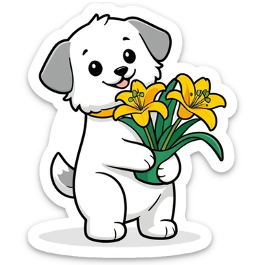 An illustration of a happy maltese doggy carrying a bunch of yellow tiger lillies. sticker