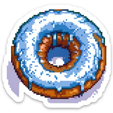 Make the donut's face look exhausted (not sad), and have the white creme dripping out of the donut hole. Keep the pixel art style, preserve transparency. sticker