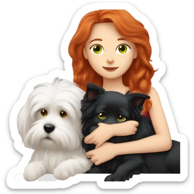 red-haired girl with green eyes, sleep with a maltese black dog sticker