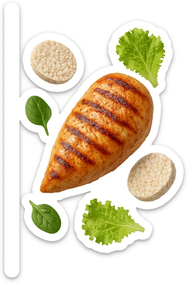 petto di pollo grigliato fluttua in aria insieme a gallette di riso e foglie di insalata, iperrealistico 4k sticker