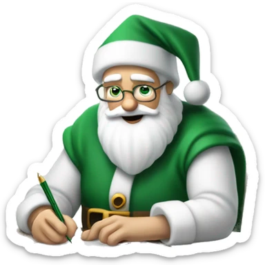 White Father Christmas is sitting on a desk, writing something down on a sheet of paper, solving complicated math puzzles, you can see the math tasks/ exercises sticker
