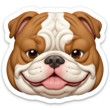 Cinematic Meme-Worthy Chubby Sleeping Brown and White English Bulldog Portrait Emoji, Head resting peacefully with a contented smile, showcasing a delightfully chubby build and a luxuriously soft brown and white coat, eyes shut in a serene nap, Simplified yet hilariously adorable features, highly detailed, glowing with a soft, drowsy light, high shine, relaxed and utterly lovable, stylized with an air of playful laziness, bright and heartwarming, soft glowing outline, capturing the essence of a comically sleepy guardian, so meme-worthy it feels like it could instantly become the next viral sensation of adorable slumber! sticker