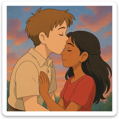 a boy named Joel kissing a girl named Madhu, affectionate, romantic, ghibli style sticker