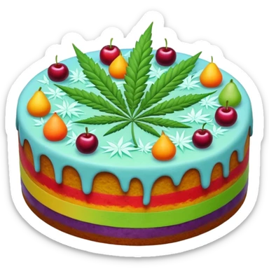 colorful frosted fruit cake with cannabis leaf sticker