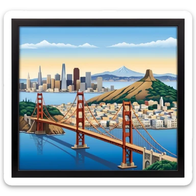 realistic emoji of San Francisco, wide city view with Golden Gate Bridge, Transamerica Pyramid, Chase Center, Embarcadero, Ghirardelli Square, Alcatraz, Bay Bridge, Coit Tower, UC Berkeley belltower, Stanford Hoover Tower, lifelike detail, accurate colors, bright daytime, no sky, no clouds sticker