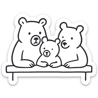 cute line drawing for coloring: a family of bears sitting together at a bar table, simple line style, no fill, for children to color sticker