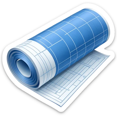 blue blueprint plan with white lines, partially rolled up, perspective view sticker