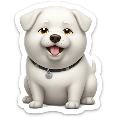 chubby white dog with a belly sticker