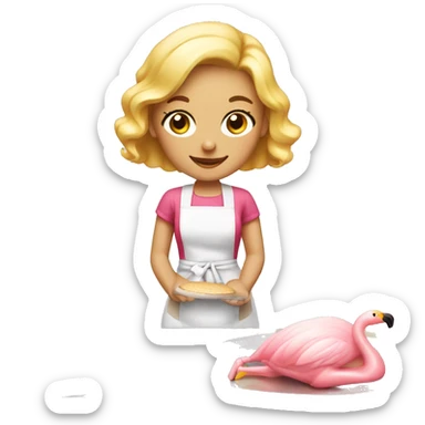 Blonde girl baking with flamingo apron sticker