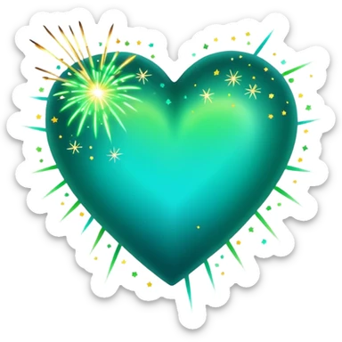 emoji: teal and neon green gradient heart with sparklers and firework confetti from behind. sticker