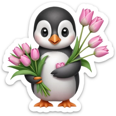 Cute baby penguin holding flower bouquet wraped in white paper and all flowers tulips in pink colour sticker
