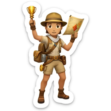 An icon featuring an adventurer in a dynamic action pose with treasure map, ancient ruins and jungle landscapes in the background. The design includes clues, hidden passages and climbing gear, symbolizing the thrill of exploration and discovery. Transparent background. sticker