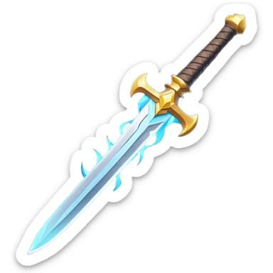 Clash of Clans aesthetic: Cinematic Playful 3D Isometric Sword Emoji, rendered in a 3D vector-style similar to standard emojis with minimal shading and bold, simplified shapes. A compact, distinct form with signature details, softly glowing with a fantasy RPG magic charm. Simplified yet unmistakably iconic, highly detailed and consistent, glowing with a soft radiance and high shine. Stylized with a touch of heroic grandeur and a soft glowing outline, capturing the essence of a beloved gaming relic with a friendly, playful manner! sticker