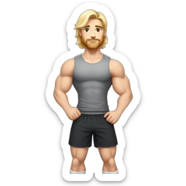 Full height Pale skinned fit man With Wide jaw, biceps and blonde hair In dark gray sleeveless mike, black oversize sports shorts, watch and white sneakers. his arms crossed over his chest sticker