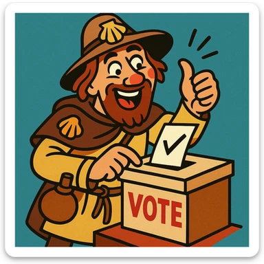 medieval pilgrim voting in a funny, cartoonish way, exaggerated expressions, vibrant toon style sticker
