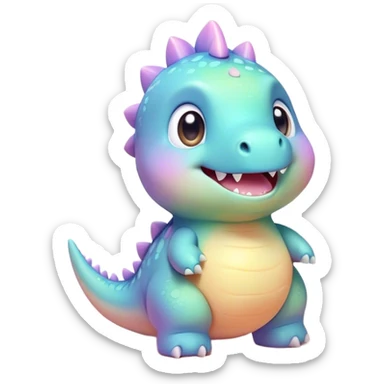 Cinematic tiny pastel dinosaur, chubby round body, tiny feet, big sparkling eyes, soft glowing colors, happy and friendly expression, radiating warmth. sticker