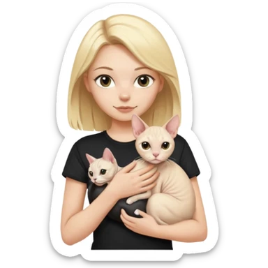 A white girl with blonde hair black T-shirt is holding a white Sphynx cat in her arms sticker