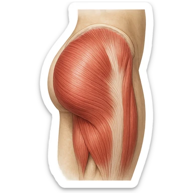 realistic and educational illustration of the gluteus maximus muscle, lateral view, anatomical details, neutral background, no explicit references to sensitive parts sticker
