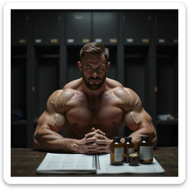 realistic muscular bodybuilder man with serious face, supplements and medical vials on table, calendar with all months of the year behind, very defined physique with visible veins, dark locker room or gym background with dramatic lighting, signs of fatigue sticker